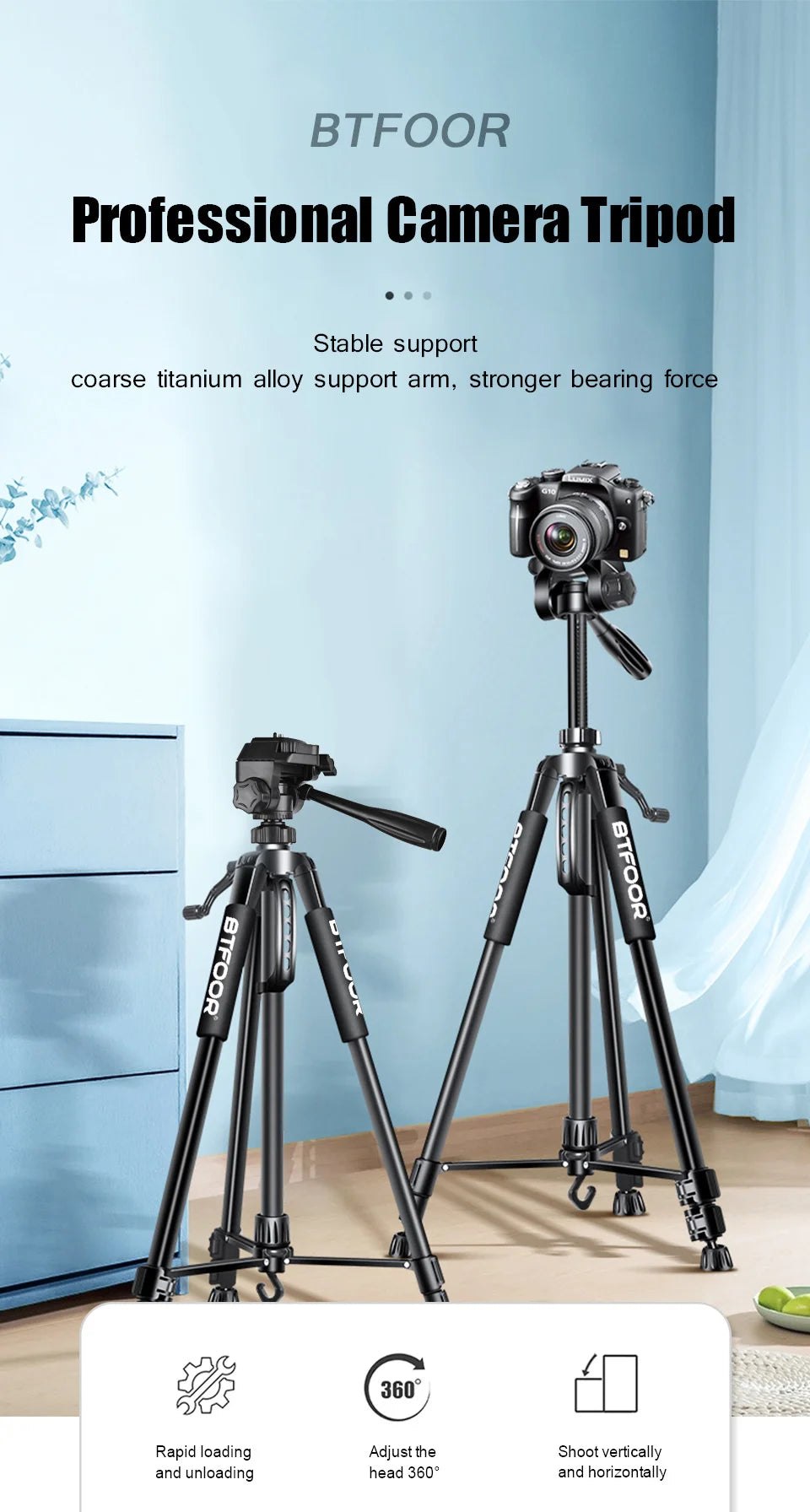 55" / 140cm Aluminum Phone & Camera Travel Tripod – Lightweight Stand with Quick Release Plate & Pan Head for Canon, Nikon, DSLR, SLR & Smartphones