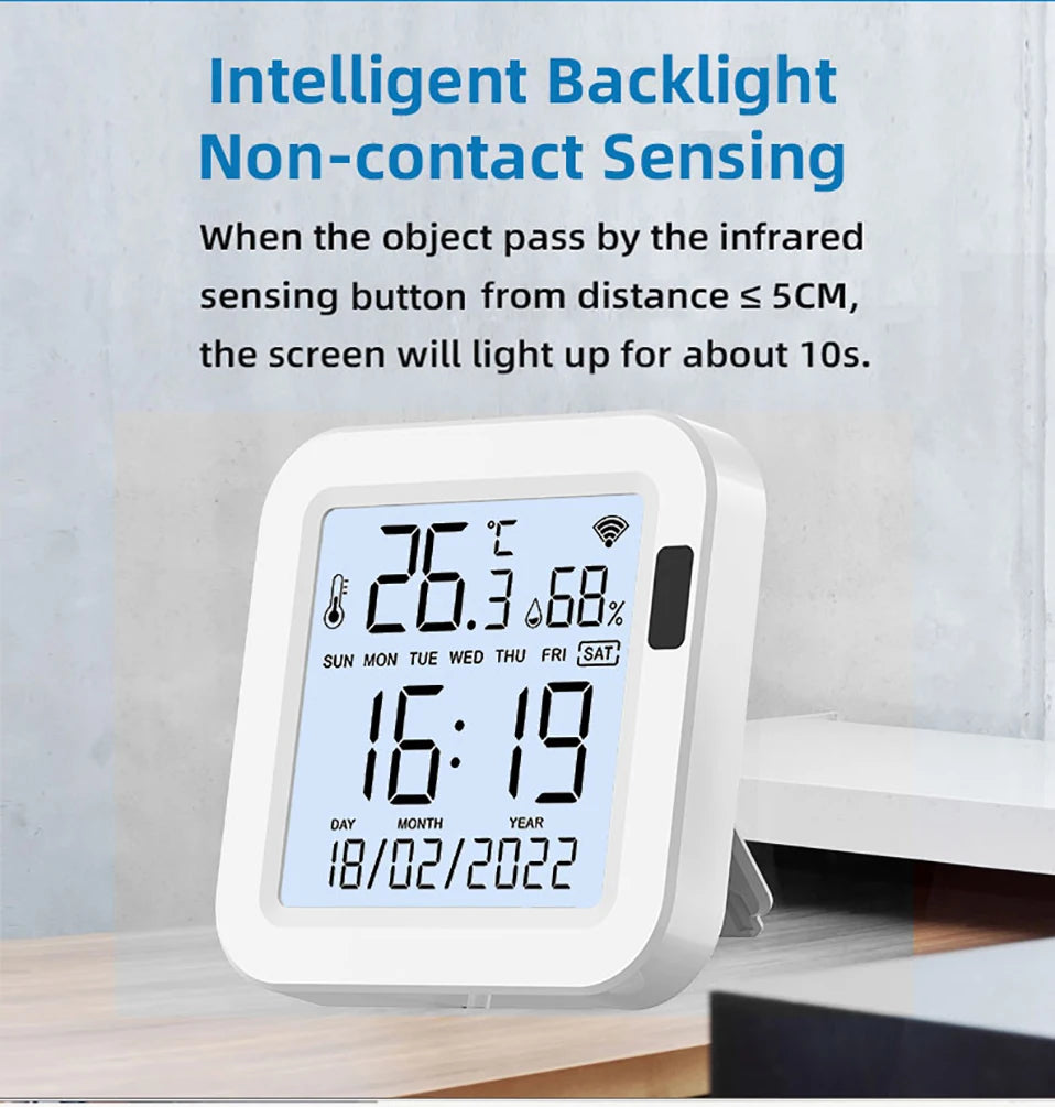 Tuya Smart Temperature & Humidity Sensor with Backlight – WiFi SmartLife Device, Works with Alexa & Google Assistant