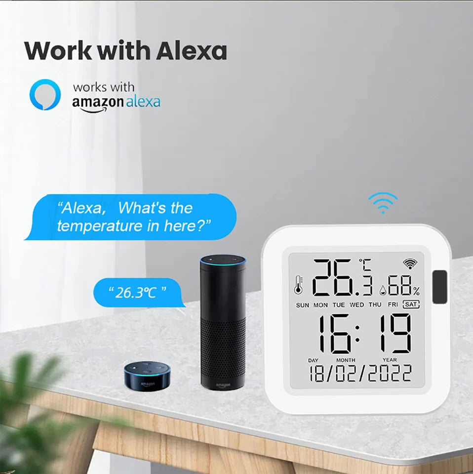 Tuya Smart Temperature & Humidity Sensor with Backlight – WiFi SmartLife Device, Works with Alexa & Google Assistant