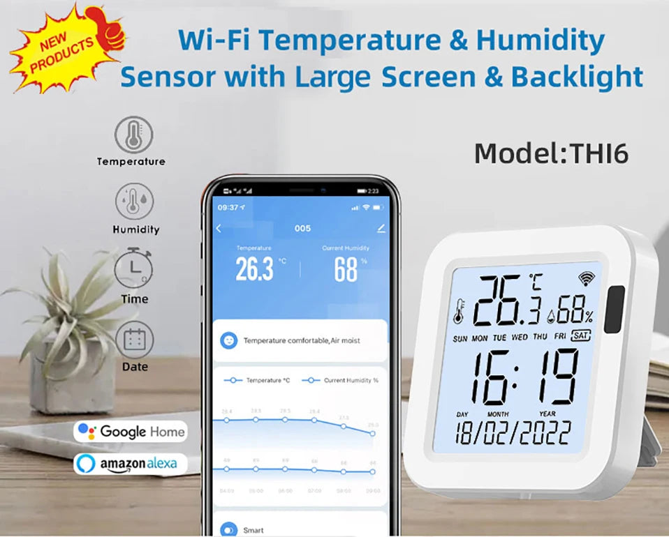 Tuya Smart Temperature & Humidity Sensor with Backlight – WiFi SmartLife Device, Works with Alexa & Google Assistant