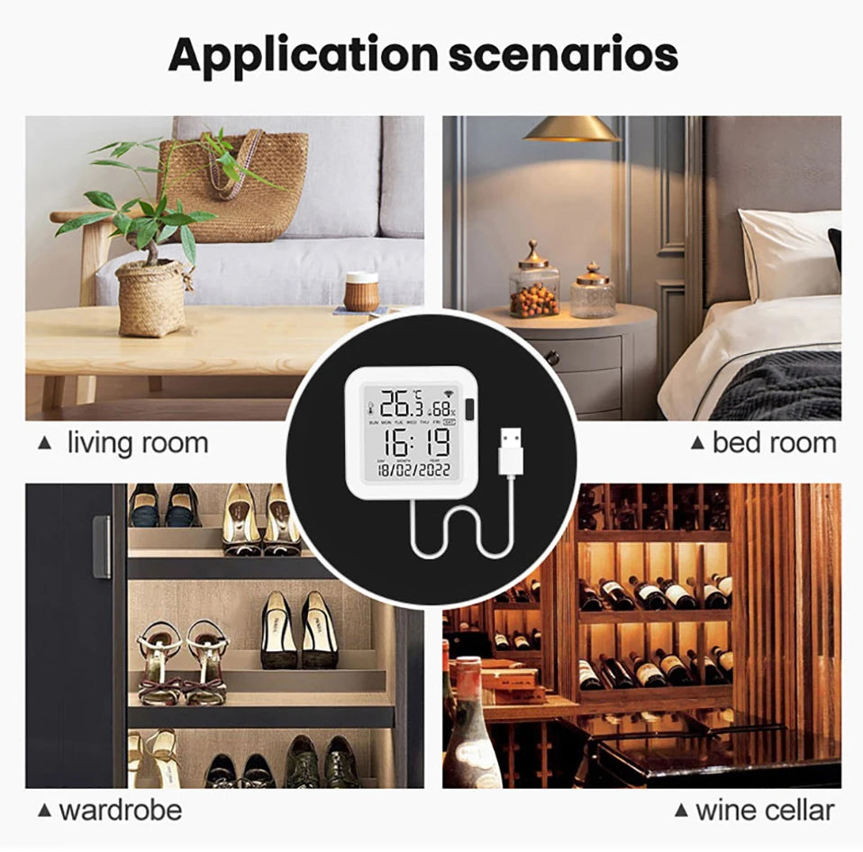 Tuya Smart Temperature & Humidity Sensor with Backlight – WiFi SmartLife Device, Works with Alexa & Google Assistant