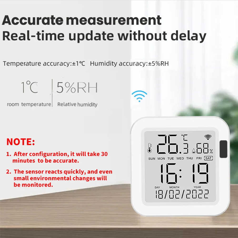 Tuya Smart Temperature & Humidity Sensor with Backlight – WiFi SmartLife Device, Works with Alexa & Google Assistant